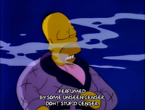 An animated GIF of Homer Simpson being hit by a thurible. The caption reads: Perfumed by some unseen censer, Doh! Stupid censer.
