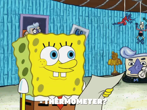 An animated GIF of Spongebob Squarepants reading a checklist of Mermaid Man and Barnacle Boy merchandise items as the camera pans across a room containing them. The items are: thermometer, ukulele, throw pillow, screensaver, incense, snail cozy, headgear.