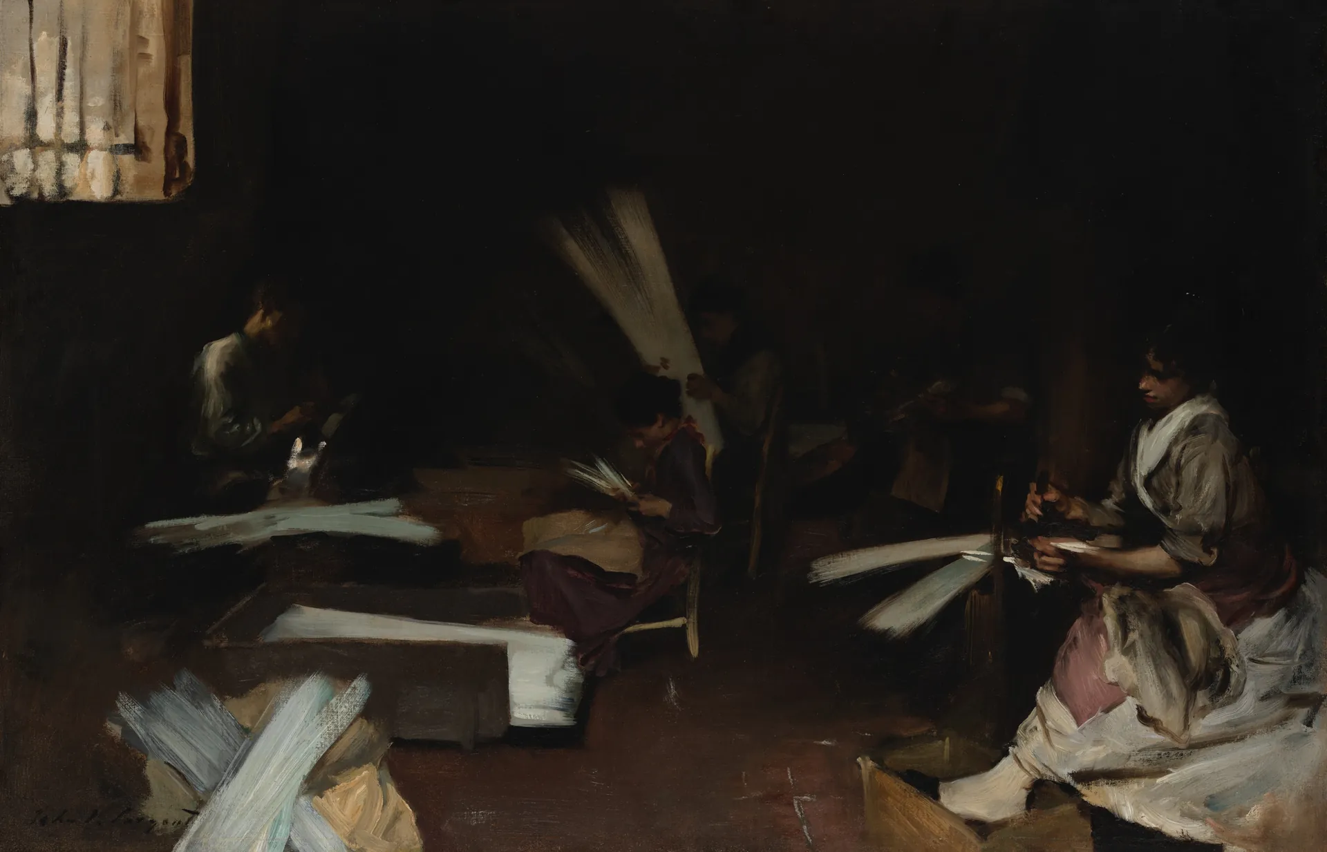 Venetian Glass Workers by John Singer Sargent, oil on canvas. This backlit view of a shop in Venice is dark and atmospheric except for the brilliant strokes of light green and silvery white paint that describe the canes of glass as tradespeople prepare to cut them into bead-sized pieces, which will then be polished and strung into jewelry.